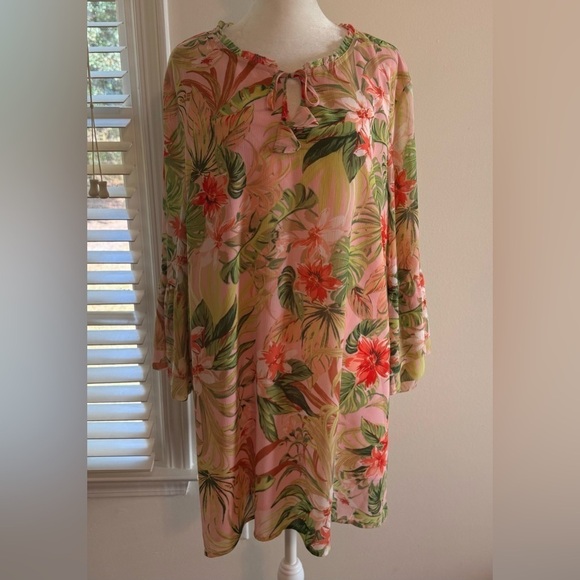 J. Jill Tops - J Jill Womens Pink Tropical Floral Tunic Top Size XL Ruffle Tie Neck Bell Sleeve